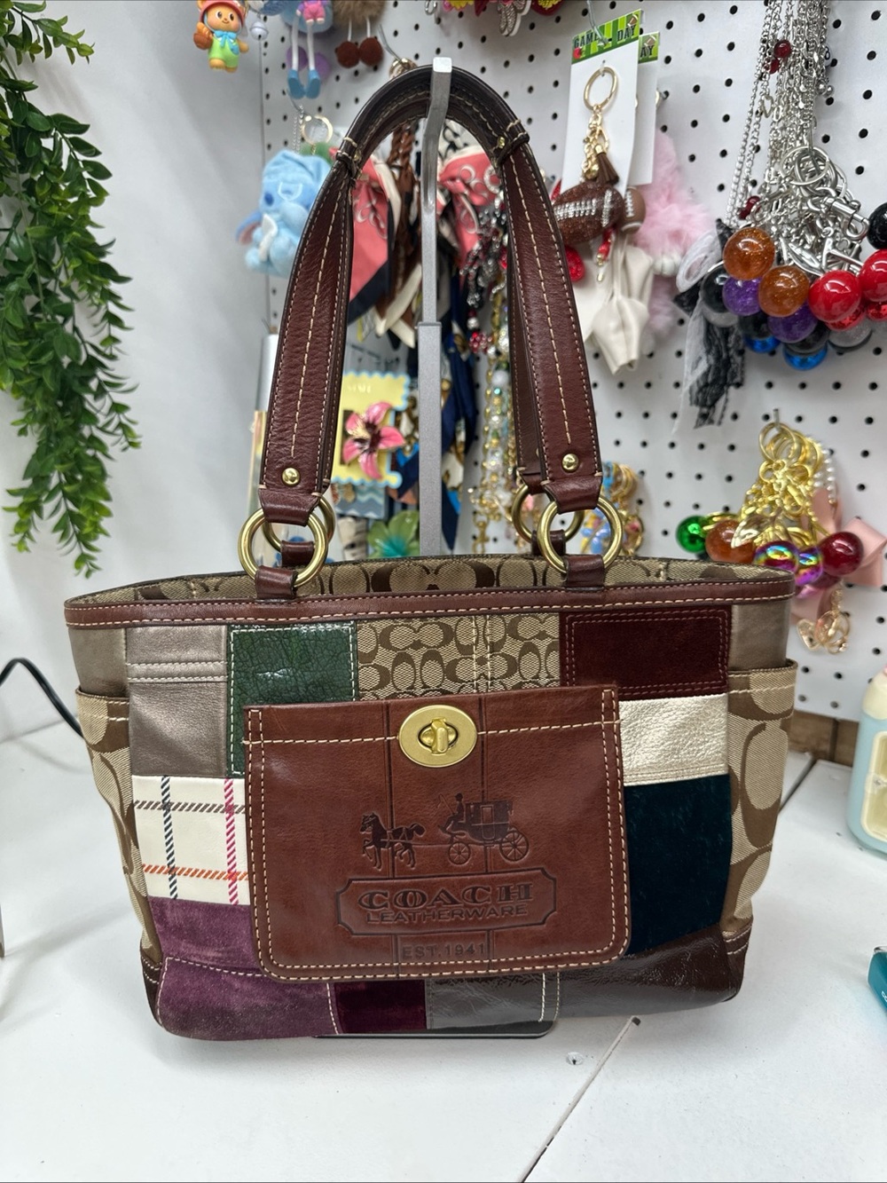 Coach #11358 Patchwork Top Handle Brown Multicolor Tote Bag - Y2K